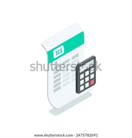 isometric vector document in the form of an XLS table and a calculator, in color on a white background, working with tabular data or with accounting