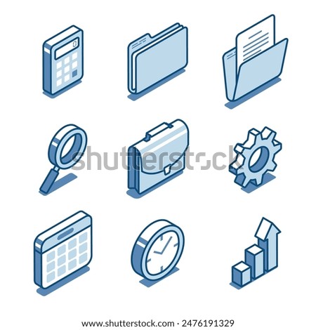 isometric vector set of linear icons of folders with a briefcase and also with a clock and a calculator, in color on a white background, business and finance