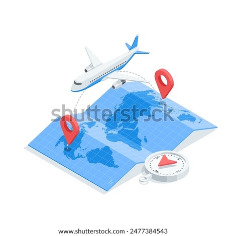 isometric vector passenger plane flying from one location to another over a world map, in color on a white background, air travel or long haul flights