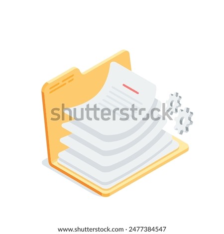 isometric vector opened folder with a stack of documents, in color on a white background, paper folder or paper work