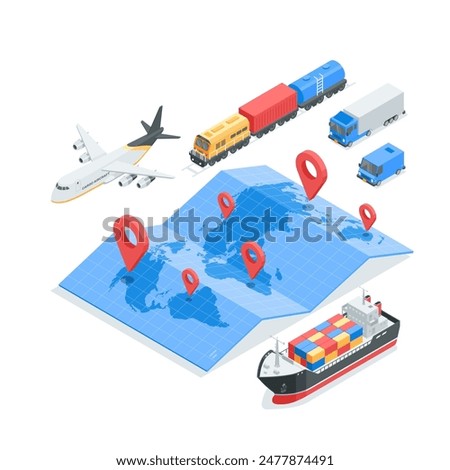 isometric vector transport for transporting goods by air by water and by land with a world map with location icons, in color on a white background, plane and train with ship and cars