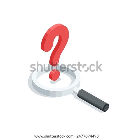 isometric vector big question mark and magnifying glass, in color on a white background, searching for a solution to a problem or analyzing it