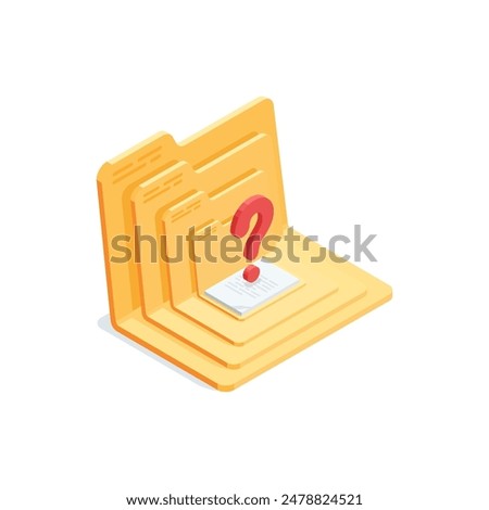 isometric vector open folders with documents and question mark, in color on a white background, searching for data or working with papers