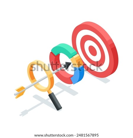 isometric vector arrow flying through a magnifying glass and a pie chart straight to the target, in color on a white background, achieving a goal or business success or precise analytical work