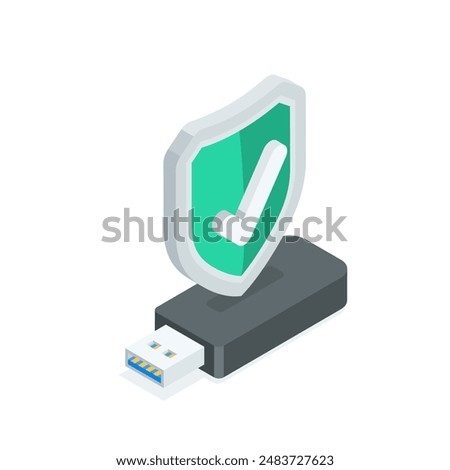 isometric vector shield with a checkmark on a flash drive, in color on a white background, protected digital information or data on an external storage device