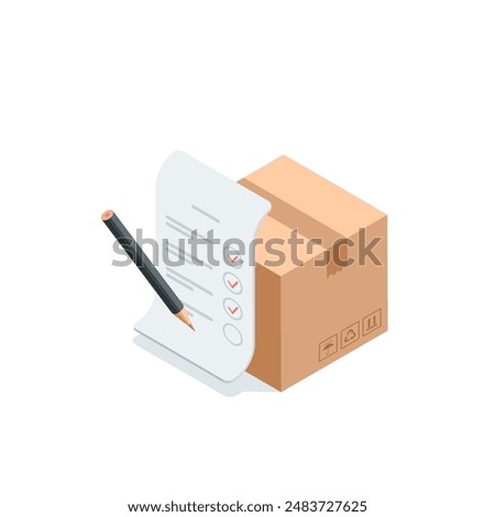 isometric vector sheet of paper with check marks and pencil near the box, in color on a white background, receiving a parcel or delivering it to your home