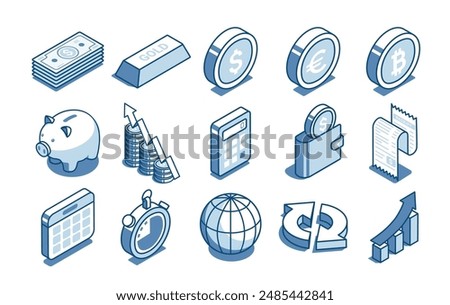 isometric vector set of linear icons on the theme of finance, in color on a white background, money and wallet with calculator and piggy bank with  calendar