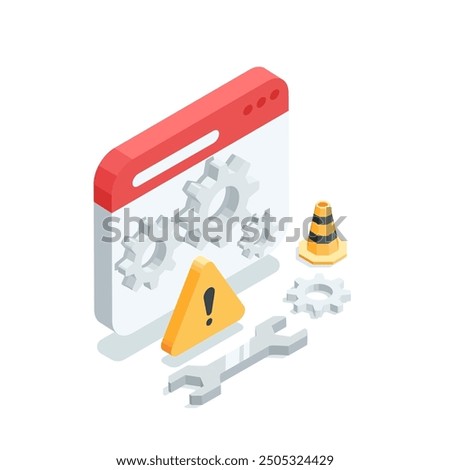 isometric vector wrench near a program window with gears and an exclamation mark, in color on a white background, system recovery or repair