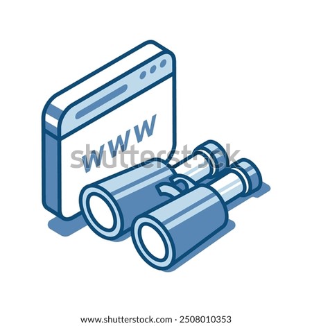 Isometric vector linear icon of binoculars and browser window, in color on white background, search in internet