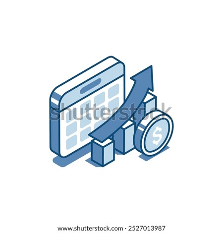 isometric vector linear icon calendar and chart with arrow and coin, in color on white background, planned income growth or profit