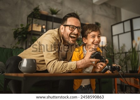 Similar – Image, Stock Photo Father and child having fun in park