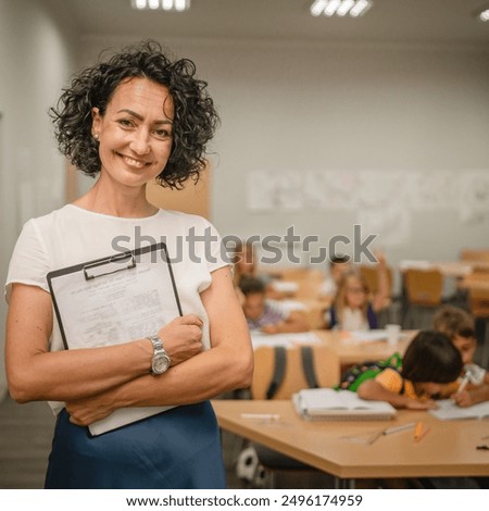 Similar – Image, Stock Photo Portrait of a woman looking at herself in the mirror.