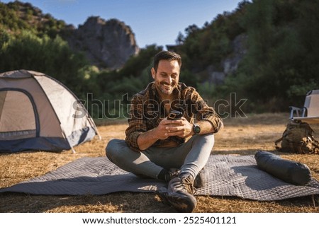 Similar – Image, Stock Photo Man near the tent in the mountain