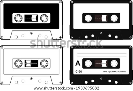 Set of plastic cassette, audio tape, retro vector illustration.