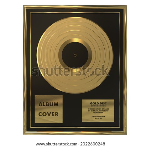 Gold gramma disc limited edition. Gold Vinyl or CD Prize Award with blank label. Gold LP in gold frame. 3D illustration. 3D render. 