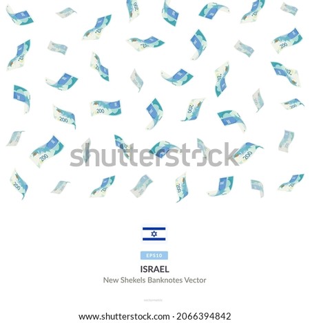200 Israeli New Shekels Raining Falling, Israel New Shekels Vector Illustration, Israeli New Shekels money rain set bundle banknotes