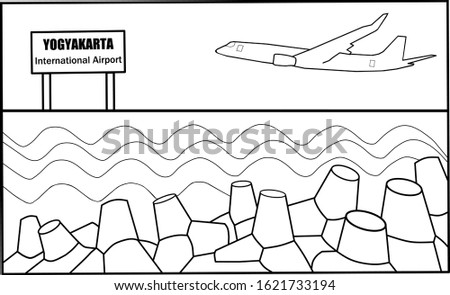 Illustration of a landing plane at the new Yogyakarta International Airport, Indonesia, seen from the Glagah beach near the airport.