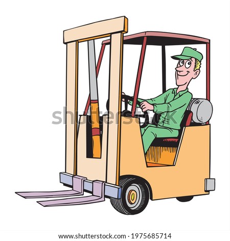 Worker driving fork lift in green uniform