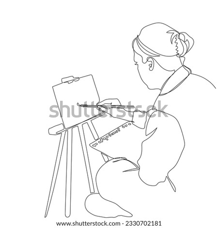 Woman painting with brush. Holding paint palette. Black and white vector illustration in line art style.