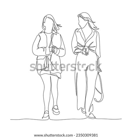 2 women talking and walking. Continuous line drawing. Black and white vector illustration in line art style.