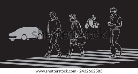 Woman and men crossing street with zebra pedestrian crosswalk. Car and motorbike silhouettes on black background. Single line drawing. Hand drawn vector illustration.