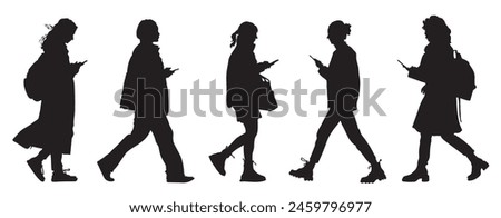 Black silhouettes of walking women using phones on the go. Side view. Isolated on white background. Vector illustration.