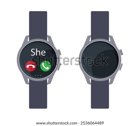 2 smart watches circle shape. Left one with call, icons on screen and text She. Right one with empty dark screen. Vector isolated on white.