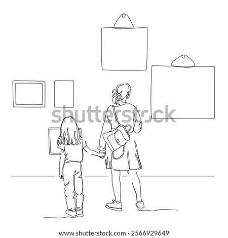 Woman with child daughter looking at art pictures in gallery. Back view. Single line drawing. Blakc and white vector illustration in line art style.