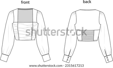 Vector woman square neck blouse fashion CAD, long sleeved top with cuffs, draped detail on the front, and gimped detail on the back, women's cropped square neck blouse, technical drawing, template