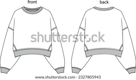 women's cropped sweatshirt with ribbing at neckline cuffs and hem, vector illustration, fashion illustration, sweatshirt front and back CAD