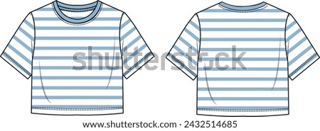 Crew neck striped patterned unisex crop t-shirt mockup, basic t-shirt CAD, marine clothing, blue striped nautical tshirt