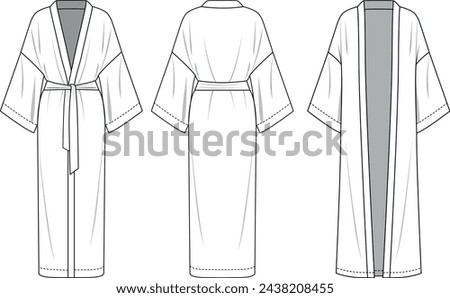 
Women's long sleeve Kimono dress flat line vector illustration, front back and beltless view, Kimono robe technical fashion illustration.