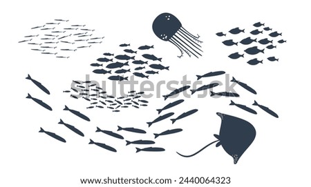 Set of schools of fish. Flock of fishes in the doodle style.