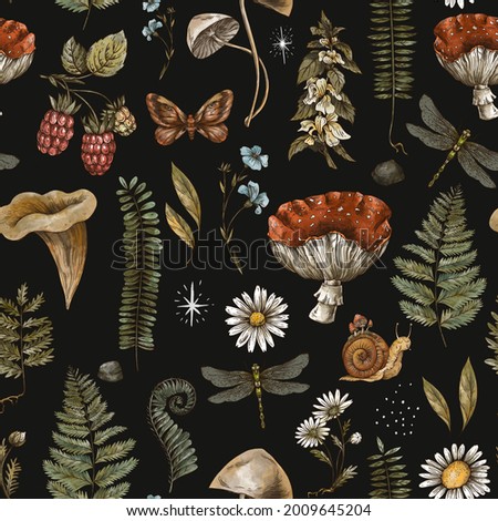 Vintage woodland nature seamless pattern. Amanita mushroom, fern, forest plants witchcraft wallpaper. Botanical texture on black background. 