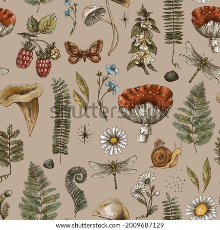 Vintage woodland nature seamless pattern. Amanita mushroom, fern, forest plants witchcraft wallpaper. Botanical texture. 