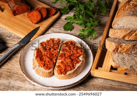 Similar – Image, Stock Photo Sobrasada with bread and parmesan typical mallorca spain