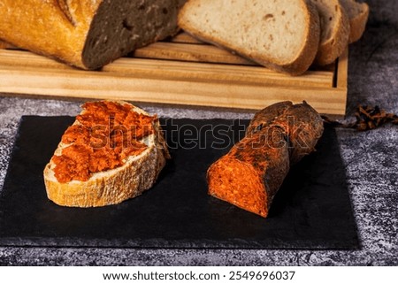 Similar – Image, Stock Photo Sobrasada with bread and parmesan typical mallorca spain