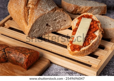 Similar – Image, Stock Photo Sobrasada with bread and parmesan typical mallorca spain