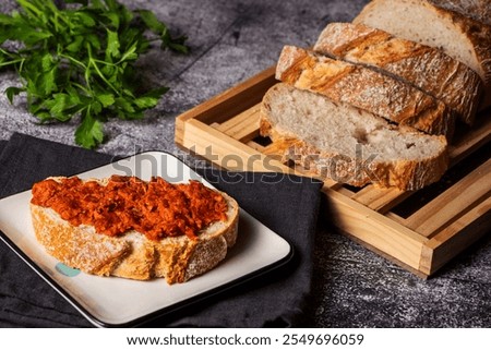 Similar – Image, Stock Photo Sobrasada with bread and parmesan typical mallorca spain