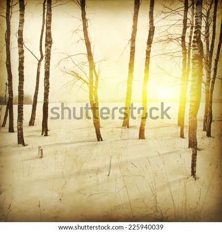 Winter landscape at sunset in grunge and retro style.