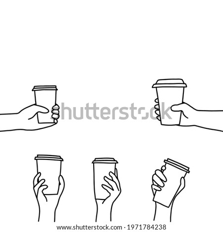 Set of hand drawn doodle sketch vector illustration of various male and female hands in a side view holding coffee or tea disposable to go paper cups. Isolated on white background