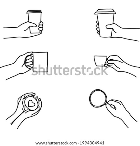 Hand drawn doodle sketch vector illustration of set of male and female hands in a side and top view holding coffee or tea mug, espresso cup and paper to-go cup. Isolated on white background.