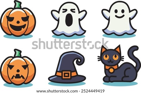 A set of six cute Halloween-themed vector icons featuring two carved pumpkins, two ghosts, a witch's hat, and a black cat. The icons are simple, cartoonish, and perfect for holiday designs.