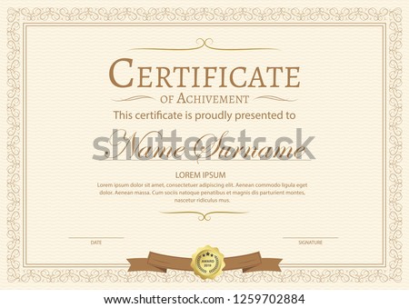 Certificate of achievement template in vector with applied Thai line in yellow gold tone - Vector 