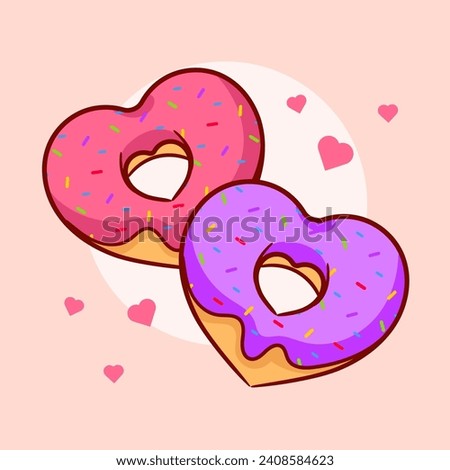 Heart shaped Donut cartoon flat style valentine day. Fast food concept design. Isolated white background. Vector art illustration.