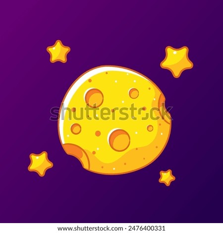 Cute yellow super moon, adorned with craters, set against a backdrop of a deep purple night sky sprinkled with twinkling stars.