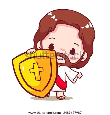 Cute Jesus Holding Shield Cartoon Vector. Christianity Religion Concept Design. Adorable Chibi Jesus Christ Character Illustration. Isolated White Background.