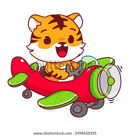 Cute Tiger on Airplane Cartoon Vector Illustration. Kawaii Adorable Animal Pilot Concept Design. Travel And Transportation Themes. Isolated White Background.