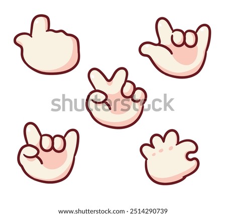 Set hand sign icon cartoon vector illustration. Tap, click, victory, v, rock, metal, ok, fist, punch, and thumb up. Chibi Hand sign concept design. Hand drawn flat style isolated