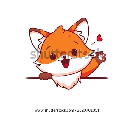 Cute Fox waving hand for greeting. Adorable kawaii animal character isolated on white background.